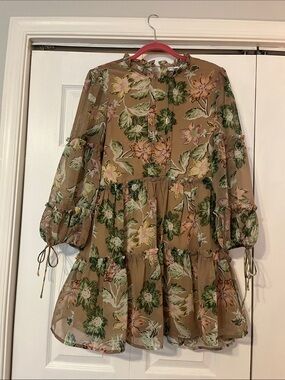 Floral Tiered Mini Dress in Taupe with Green Print